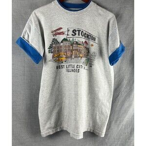 Vtg 90s Tshirt Double Collar Roll Up Sleeves Women's Size L Stockton Illinois